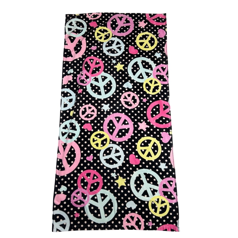 VTG Y2K Peace Sign Polka Dot Beach Towel Black Pink 100% Cotton‎ Groovy Retro